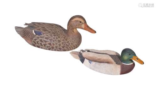 Alan Emmett (1938-2008); two late 20th century carved and painted wood models of mallard duck,