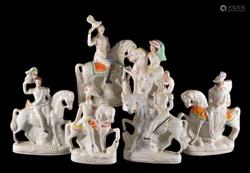 Six Staffordshire pottery sparsely coloured and gilt equestrian models of royal or military figures,