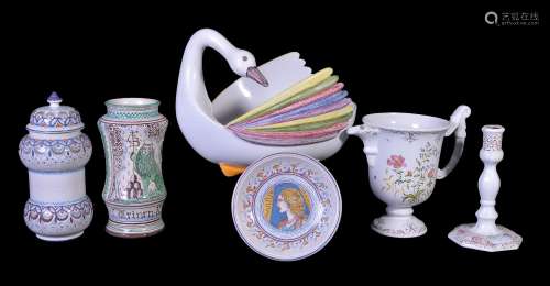 A selection of modern French and Italian fayence and maiolica, comprising: a Moustier swan