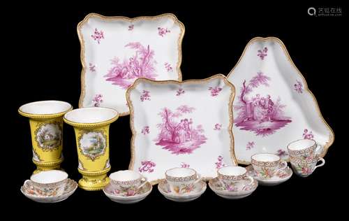 A pair of Meissen (outside decorated) shaped square dishes painted in puce with Watteauesque