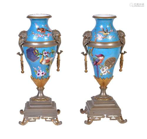 A pair of French pottery Japonesque cloisonné style gilt-metal-mounted two-handled vases, late