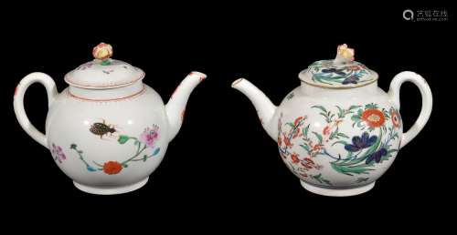 A Worcester polychrome globular teapot and cover painted with the 'Astley' pattern, circa 1770, 15cm