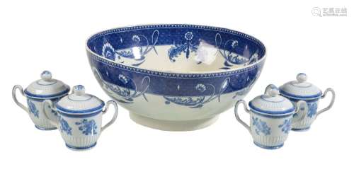 A Staffordshire pearlware blue and white punch bowl, circa 1790, the well printed with a pagoda,