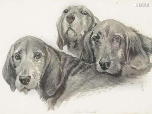 British School, early 20th century Otter hounds Black watercolour wash on paper 17cm x 23cm