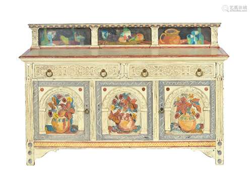 A painted oak side cabinet, in late 17th century style, circa 1920, with painted decoration in the