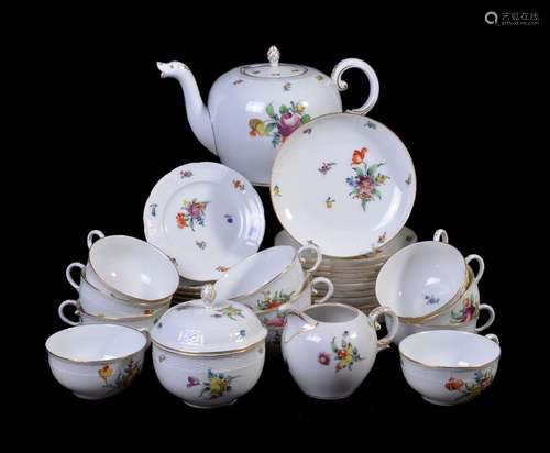 A modern Nymphenburg part tea service, painted with deutsche Blumen beneath ozier-moulded borders,