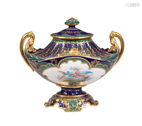 A Royal Crown Derby Sevres-style two-handled vase and cover painted by E. Clark, date code for 1898,