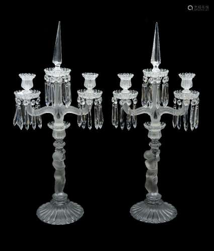 Baccarat, a pair of moulded glass two branch figural candelabra, 20th century, the campana shaped