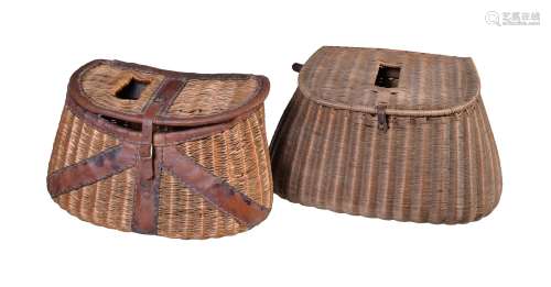 Two various French reed and leather-mounted fishing creels, various dates first half 20th century,