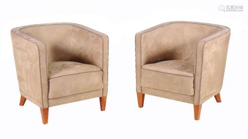 A pair of suede upholstered tub arm chairs in Art Deco style, 20th century, 69cm high, 64cm wide,