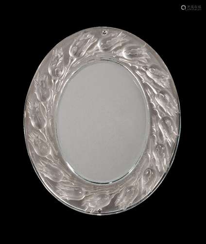 Lalique, Cristal Lalique, Boutons de Roses, an oval part frosted glass mirror, with an easel back,