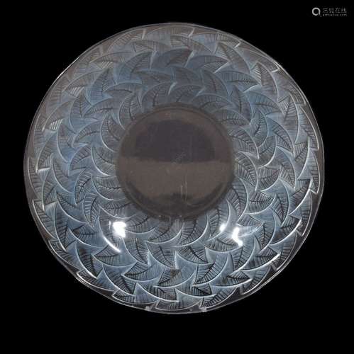 Lalique, René Lalique, Ormeaux No. 1, a blue stained glass coupe ouverte, etched mark, 31.3cm