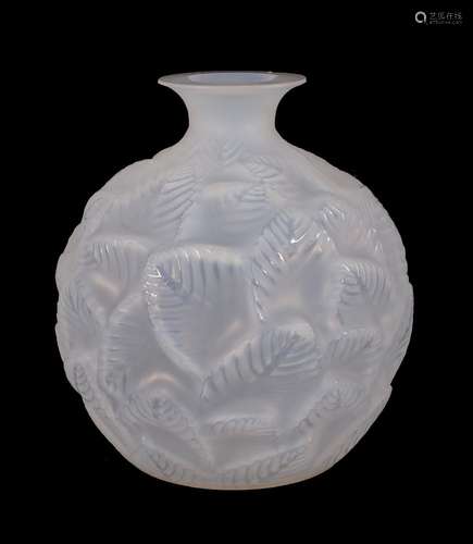 Lalique, René Lalique, Ormeaux, an opalescent glass vase, designed in 1926, moulded with leaves,,