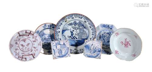 A selection of mostly English delft, third quarter 18th century, comprising: an octagonal plate
