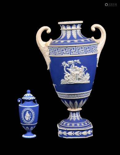 A Turner blue-dip jasper two-handled urn, circa 1800, sprigged in white with classical scenes