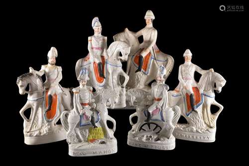 Six Staffordshire pottery sparsely coloured and gilt equestrian models of royal or military figures,