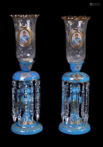 A pair of Czech or Beykoz turquoise blue glass enamelled and gilt table lustres