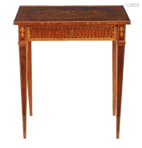 ϒ A mahogany and specimen marquetry inlaid side table in early 19th century style