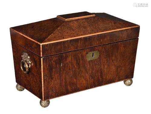 A George IV burr walnut and sycamore strung tea caddy