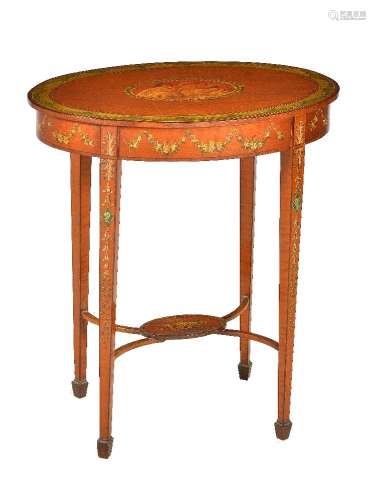 A Sheraton Revival satinwood and polychrome painted oval occasional table