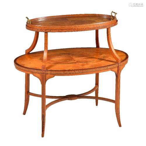 A Sheraton Revival satinwood and marquetry inlaid two tier etagere