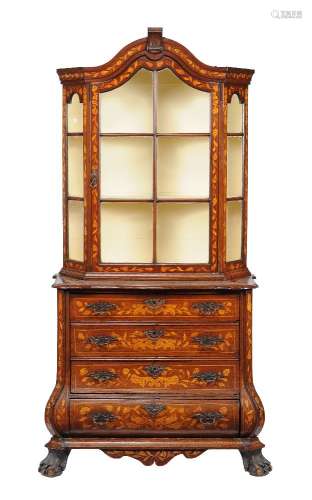 A Dutch oak and marquetry display cabinet on chest