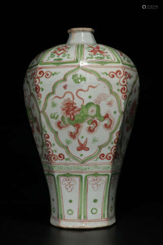 GREEN AND RED GLAZED OCTAGONAL VASE