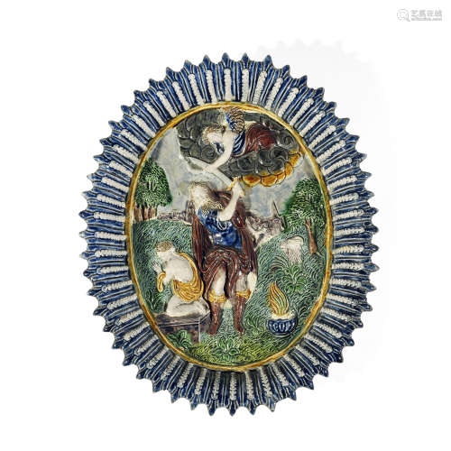 PLAT EN TERRE CUITE À GLAÇURE PLOMBIFÈRE POLYCHROME REPRÉSENTANT LE SACRIFICE D’ABRAHAM, SUIVEUR DE BERNARD PALISSY-MANERBE OU PRÉ D’AUGE, PREMIER TIERS DU XVIIeSIÈCLE