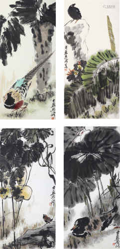 梁崎（1909-1996） 花鸟四屏 设色纸本 镜框