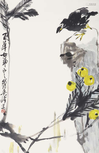 梁崎（1909-1996） 金枝八哥 设色纸本 立轴