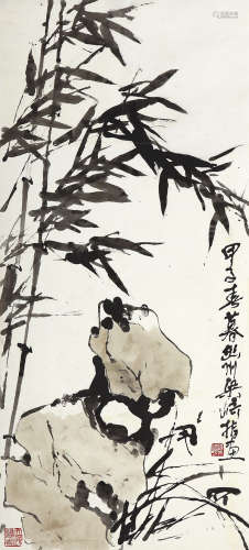 梁崎（1909-1996） 竹石图 设色纸本 托片