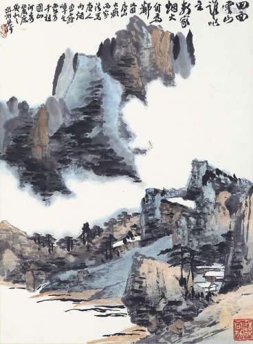 梁崎（1909-1996） 四面云山 设色纸本 镜框