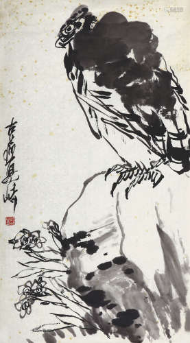 梁崎（1909-1996） 兰石松鹰 水墨纸本 镜片