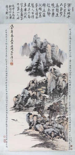 梁崎（1909-1996） 江舟山舍 设色纸本 立轴