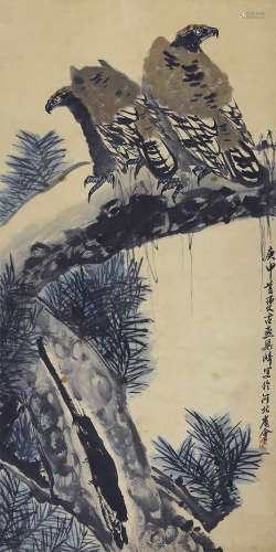 梁崎（1909-1996） 双鹰图 设色纸本 立轴