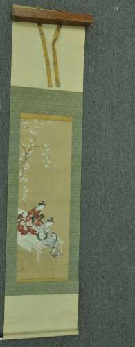 Scroll painting. Japan. 18th century. Signed Tsunemasa. Ink and colours on paper. Two girls viewing cherry blossoms. Brocade mounts. Boxed. 31