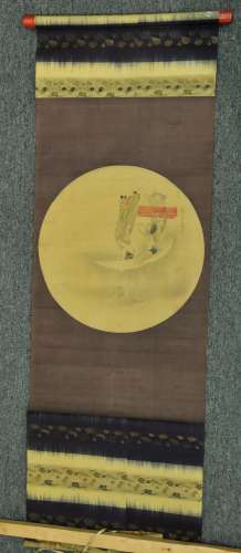 Hanging scroll. Japan. 18th century Ink and colours on silk. Two women in a snow flurry beneath a fall moon. 16