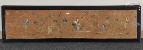 Silk embroidery. China. 19th century. Orange brocade embroidered with children playing in a garden. Stains, tears, toning. 63