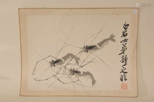 Painting. China. Mid 20th century. Ink and paper. Three shrimp. Circle of Chi Pai Shih. One hole, stains and toning. 15-1/2