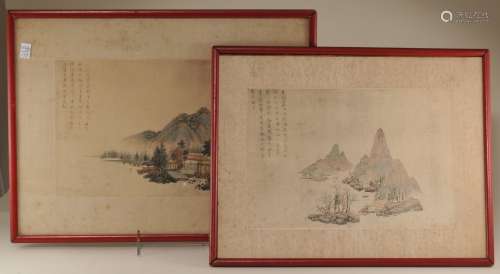 Lot of two album leaves. China. 18th/19th century. Ink and colours on paper. Both landscapes with poems. 10-3/4