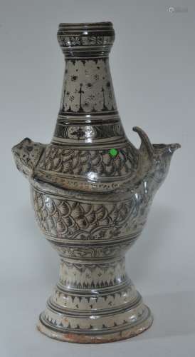 Very rare Stoneware vase. Thailand, 13th century. Sawankalok ware. Ewer with a fish shaped body. Underglaze black decoration. 22