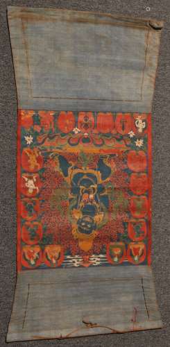 Thangkha. Tibet. 19th century. Scene of Vajrasattva with lineage figures and tantric ritual emblems. Ink and colours and gilt on heavy cloth. 21-1/2