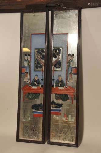 Pair of reverse glass paintings. China. Early 20th century. Scene of a Tang Dynasty poet Li Po with two attendants. Engraved inscriptions. 43