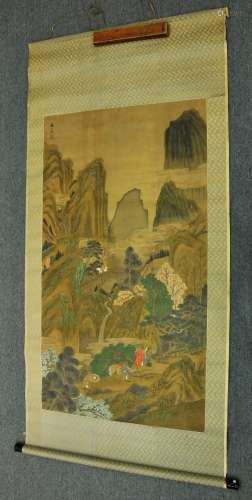 Hanging scroll. China or Japan. 18th century. Ink and colours on silk. Landscape with scholars. 62
