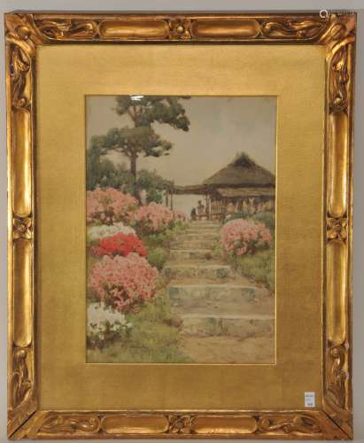 Fujio Yoshida. Japanese watercolor painting. Flower garden landscape. Signed lower left. Framed.