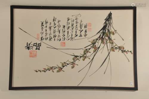 Painting. China. 20th century. Ink and colours on paper. Orchids with a poem and five seals. 26