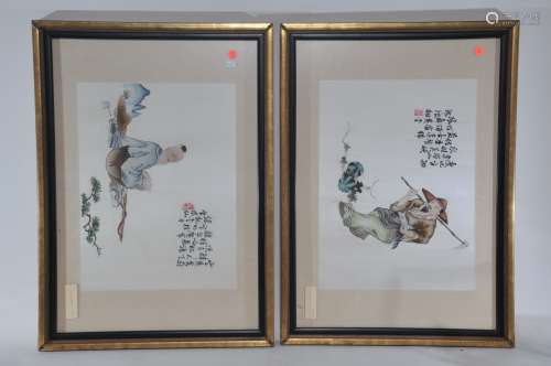 Two silk embroideries. China. Mid 20th century. Scenes of a farmer and a wood cutter. 28