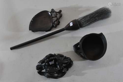 Lot of four items. China. 19th century. To include: A brush, a peach shaped cup, a tray and a lotus carved stand. Brush - 13