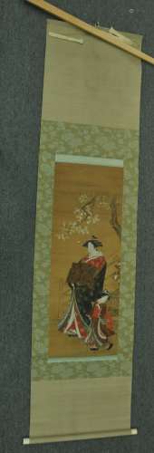 Hanging scroll. Japan. Ink and colours on silk. Geisha with an attendant. Signed. Utagawa Toyoharu. 1735-1814. Stains, toned and holes. Boxed.
