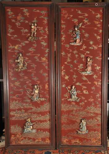 Pair of wall plaques. China. 18th century. Lacquer panels inset with polychromed ivory carvings of the Eight Immortals. Rosewood frame. 63